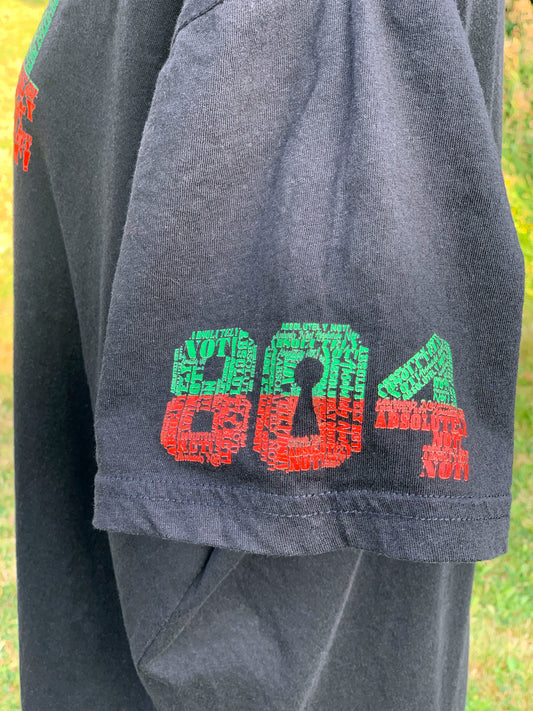 Sleeve view of black T-shirt with 804 Absolutely Not! text