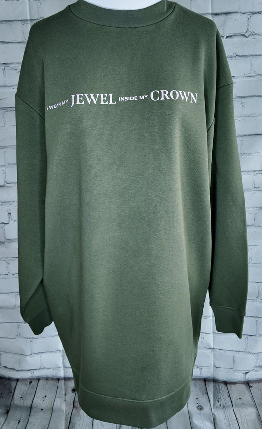 Product photo of the khaki "I wear my jewel inside my crown" top, front view