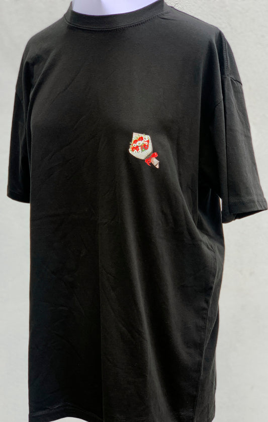 Palestine-inspired T-shirt with olive and poppy pocket design