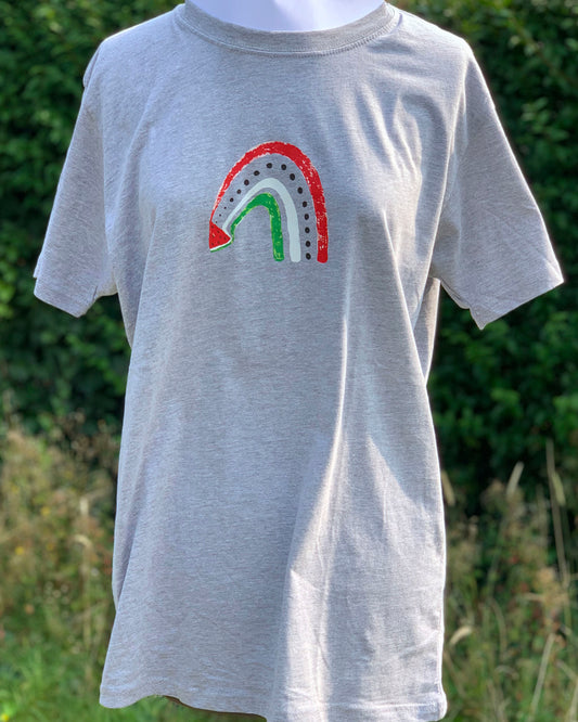 Unisex Palestine tee with colorful watermelon and rainbow art