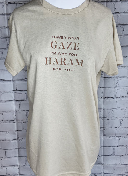 Lower Your Gaze" T-shirt with text design, front view