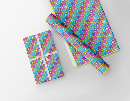 Eco-friendly Islamic gift wrap with bright geometric design