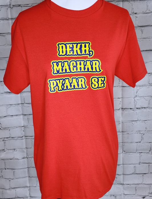 "Dekh Magar Pyaar Se" T-shirt in red, front view