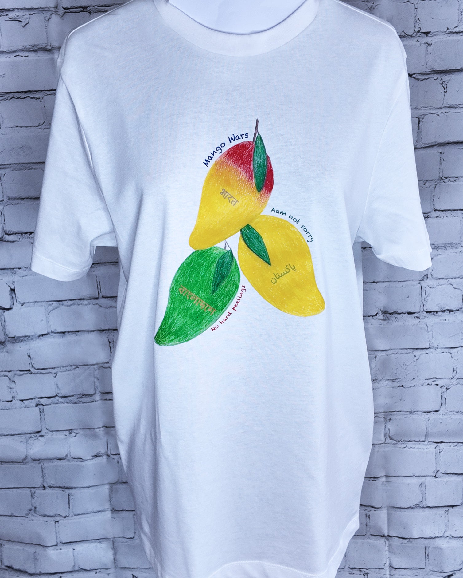 "Mango Wars" T-shirt in white, front view showing the mango designs