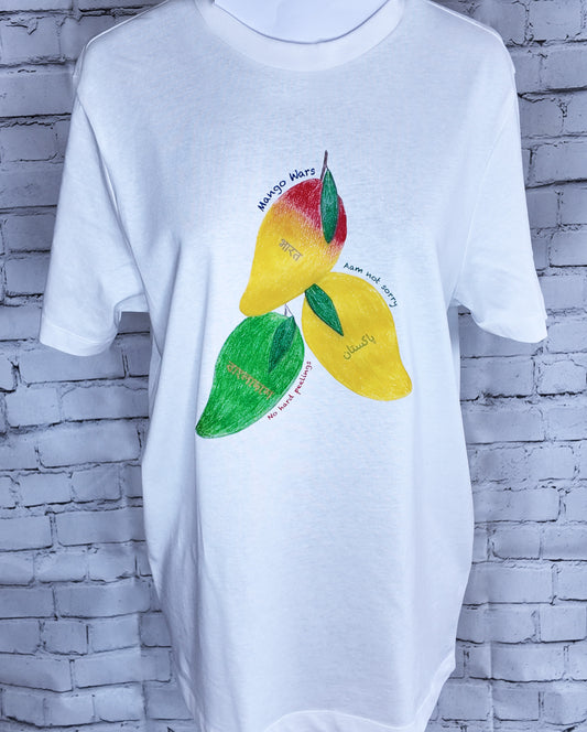 "Mango Wars" T-shirt in white, front view showing the mango designs