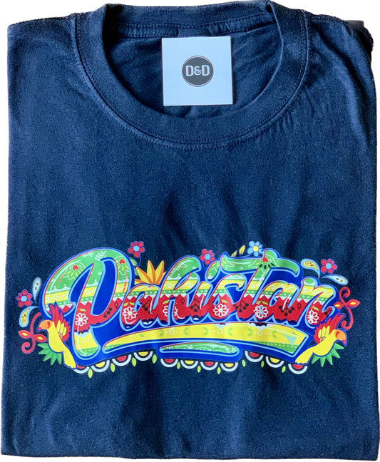 Truck Art Pakistan t-shirt flat lay with vibrant graffiti design
